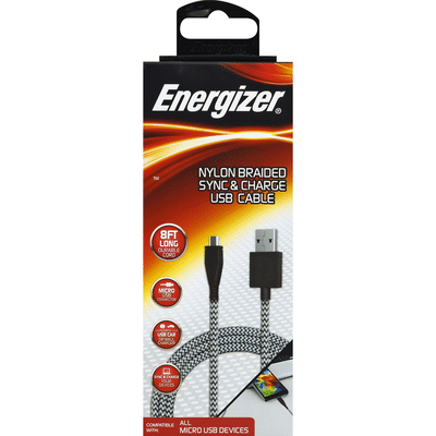 Energizer USB Cable, Sync & Charge, Nylon Braided, 8 Foot