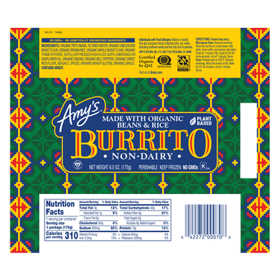 Amy's Kitchen Frozen Bean & Rice Burrito, Vegan, Non-Dairy