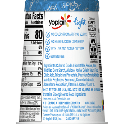 Yoplait Light Yogurt, Fat Free Yogurt, Harvest Peach