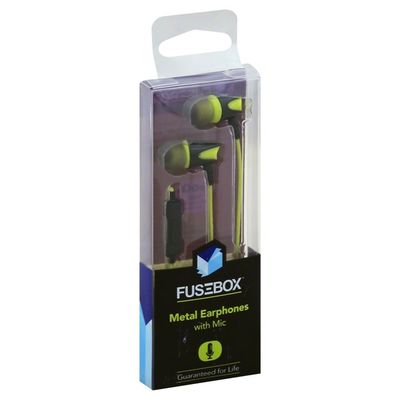 Fusebox Earphones, Metal, with Mic, Black/Green