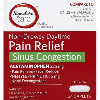 Signature Pain Relief, Sinus Congestion, Non-Drowsy Daytime, 325 mg, Caplets