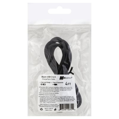 Mobilessentials Charge/Sync Cable, USB C to A, Black, 4 Feet