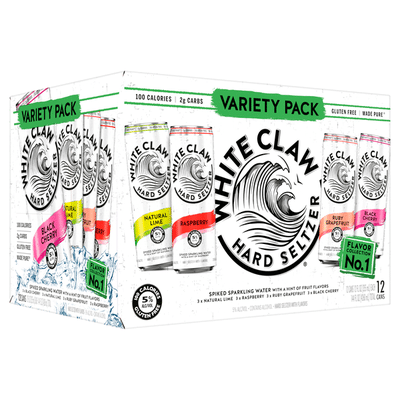 White Claw Hard Seltzer, Natural Lime/Raspberry/Ruby Grapefruit/Black Cherry, Spiked, Variety Pack, 12 Pack