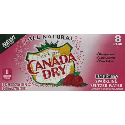 Canada Dry Sparkling Water, Seltzer, Raspberry, 8 Pack
