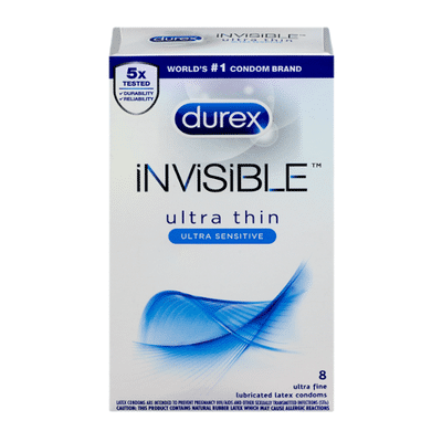 Durex® Condom Invisible Ultra Thin Natural Latex Condoms - Ultra Senstive, Lubricated, Transparent
