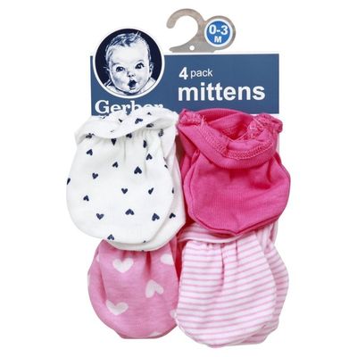 Gerber Mittens, 0-3 M, 4 Pack