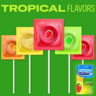 Durex® Condom Tropical Natural Latex Condoms, An exciting mix of flavors and colors
