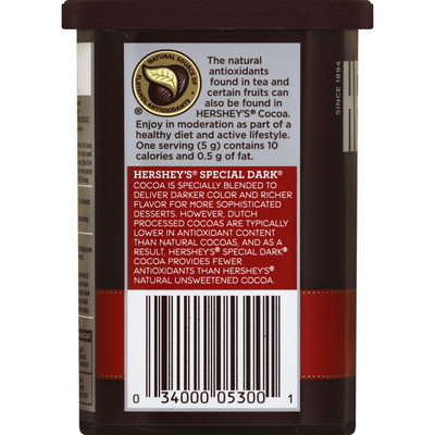Hershey's Cocoa, Unsweetened, 100% Cacao, Dutched Cocoa, Dark Chocolate