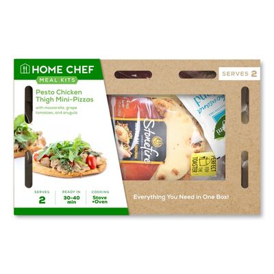 Home Chef Meal Kit Pesto Chicken Thigh Mini-Pizzas With Mozzarella, Grape Tomatoes, And Arugula