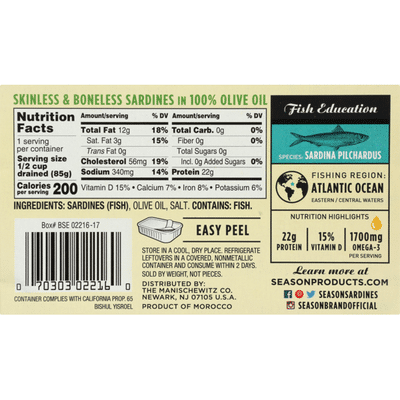 Season Sardines, Skinless & Boneless, in Pure Olive Oil