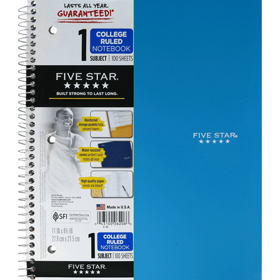 Five Star Notebook, 1 Subject, College Ruled, 100 Sheets