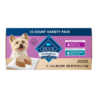 Blue Buffalo Delights Natural Adult Small Breed Wet Dog Food Cups Variety Pack, Top Sirloin Flavor in Savory Juice and Grilled Chicken Flavor in Savory Juice