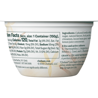 Chobani Yogurt, Less Sugar, Low-Fat, Greek, Madagascar Vanilla & Cinnamon