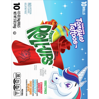 Roll-Ups Fruit Flavored Snacks, Strawberry Sensation/Tropical Tie-Dye/Cherry Orange Wildfire, Unicorn Tongue Tattoos, Variety Pack, 10 Pack