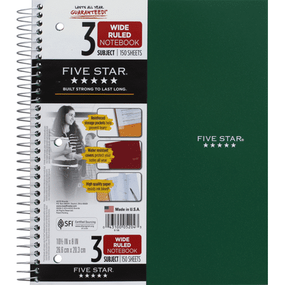 Five Star Notebook, 3 Subject, Wide Ruled, 150 Sheets