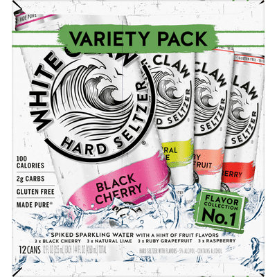 White Claw Hard Seltzer, Natural Lime/Raspberry/Ruby Grapefruit/Black Cherry, Spiked, Variety Pack, 12 Pack