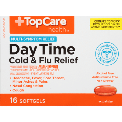 TopCare Multi-Symptom Daytime Cold & Flu Relief Pain Reliever-Fever Reducer - Acetaminophen, Cough Suppressant - Dextromethorphan Hbr, Nasal Decongestant - Phenylephrine Hcl Softgels