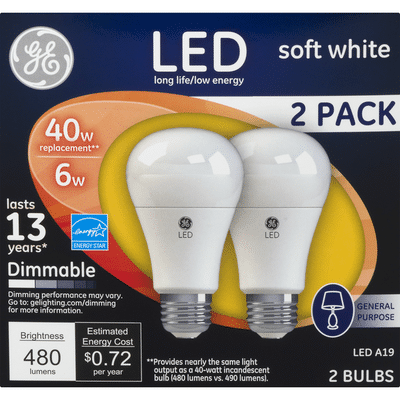 GE Light Bulb, LED, Soft White, 6 Watts, 2 Pack