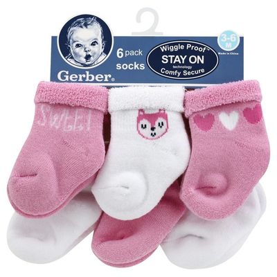 Gerber Socks, Wiggle Proof, 3-6 Months, 6 Pack