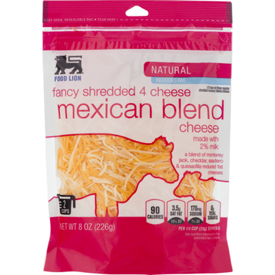 Food Lion Cheese, Natural, Mexican Blend, Fancy Shredded 4, Pouch