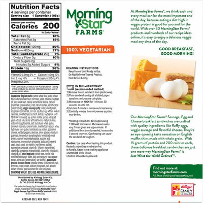 Morning Star Farms Sandwich, Plant Based Protein, Frozen Breakfast, Meatless Sausage Egg and Cheese