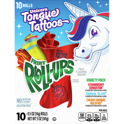 Roll-Ups Fruit Flavored Snacks, Strawberry Sensation/Tropical Tie-Dye/Cherry Orange Wildfire, Unicorn Tongue Tattoos, Variety Pack, 10 Pack