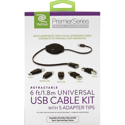ReTrak USB Cable Kit, Universal, Retractable, 6 Feet