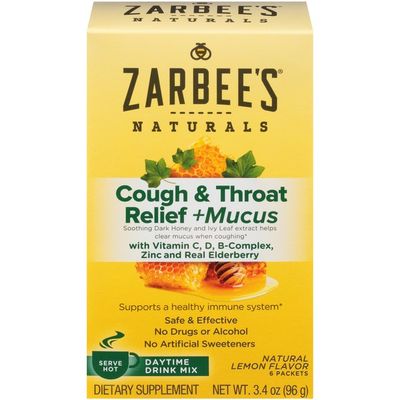Zarbee's Naturals Cough & Throat Relief + Mucus Daytime Drink Mix with Honey, Natural Lemon (6 pk)
