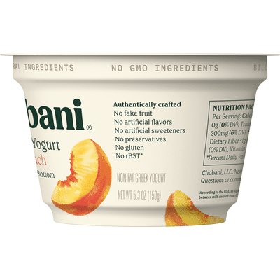 Chobani Yogurt, Greek, Non-Fat, Peach on the Bottom