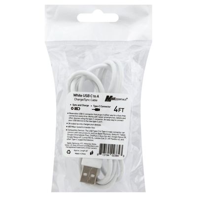 Mobilessentials USB C to A, White, 4 Feet