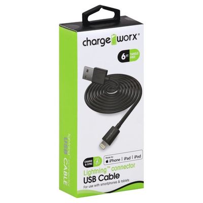 Chargeworx USB Cable, Lightning Connector, Tangle Free, 6 Feet