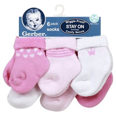 Gerber Socks, 3-6 M, 6 Pack