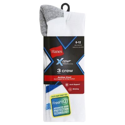 Hanes Socks, Active Cool, Crew, Men's, White/White with Colored Pattern