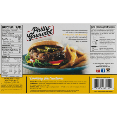 Philly-Gourmet Patties, 100% Pure Beef, 1/4 Pound