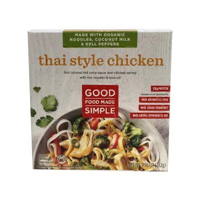 Good Food Made Simple Thai Coconut Red Curry Sauce Over Dark Meat Chicken Served With Rice Noodles, Broccoli, & Red Bell Peppers