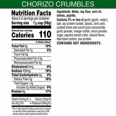 Morning Star Farms Crumbles, Plant Based Protein Vegan Meat, Frozen Meal, Meatless Chorizo