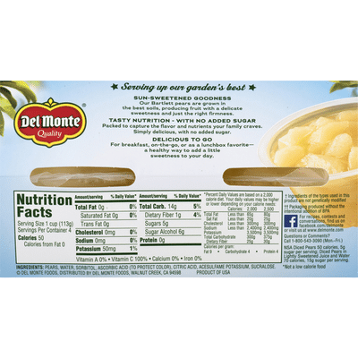 Del Monte Diced Pears in Water, No Sugar Added Fruit Cups