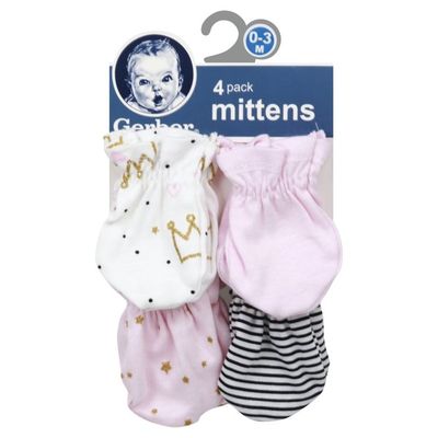 Gerber Mittens, 0-3 M, 4 Pack