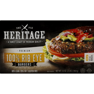 Heritage Burgers, 80%/20%, 100% Rib Eye, 1/3 Pound