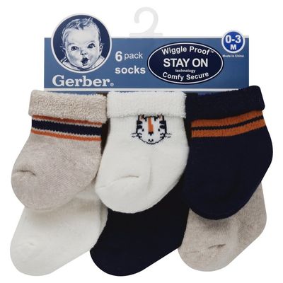 Gerber Socks, Wiggle Proof, 0-3 Months, 6 Pack