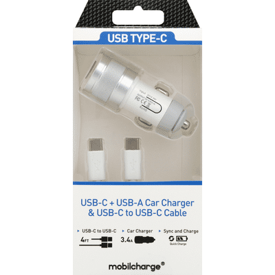Mobilcharge Car Charger & Cable, USB-C + USB-A/USB-C to USB-C