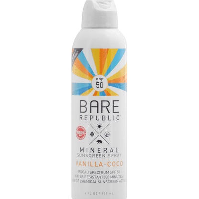 Bare Republic Sunscreen Spray, Mineral, Vanilla-Coco, Broad Spectrum SPF 50
