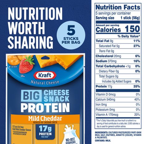 Kraft Natural Cheese Protein Reduced Fat Mild Cheddar Protein Big Stick 10 oz Bag (5-2oz Sticks)