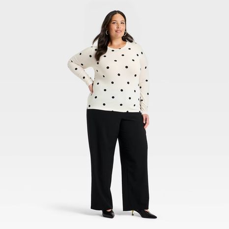 A New Day Women's Long Sleeve Fitted Jersey T-Shirt, 1X - Black/White Dot