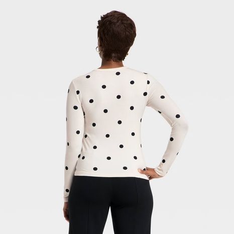 A New Day Women's Long Sleeve Fitted Jersey T-Shirt, L - Black/White Dot