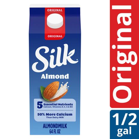 Silk Almond Milk, Original, Dairy Free, Gluten Free, Seriously Creamy Vegan Plant Based Milk with 5 Essential Nutrients, 64 fl oz Half Gallon