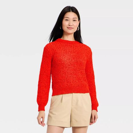 A New Day Women's Long Sleeve Round Neck Tape Yarn Pullover Sweater, XL - Red