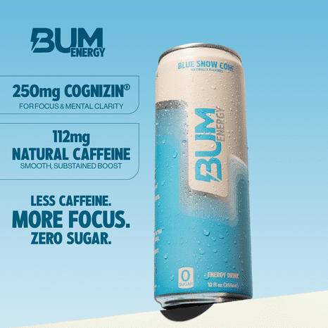 BUM Energy Blue Snow Cone Energy Drink, 112mg Natural Caffeine, Zero Sugar
