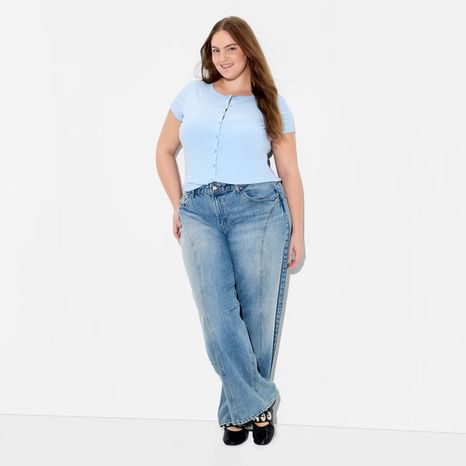 Wild Fable Women's Cap Sleeve Round Neck Button-Down Shirt, XXL - Light Blue