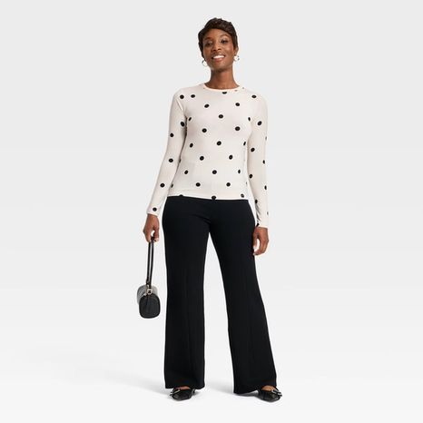 A New Day Women's Long Sleeve Fitted Jersey T-Shirt, S - Black/White Dot